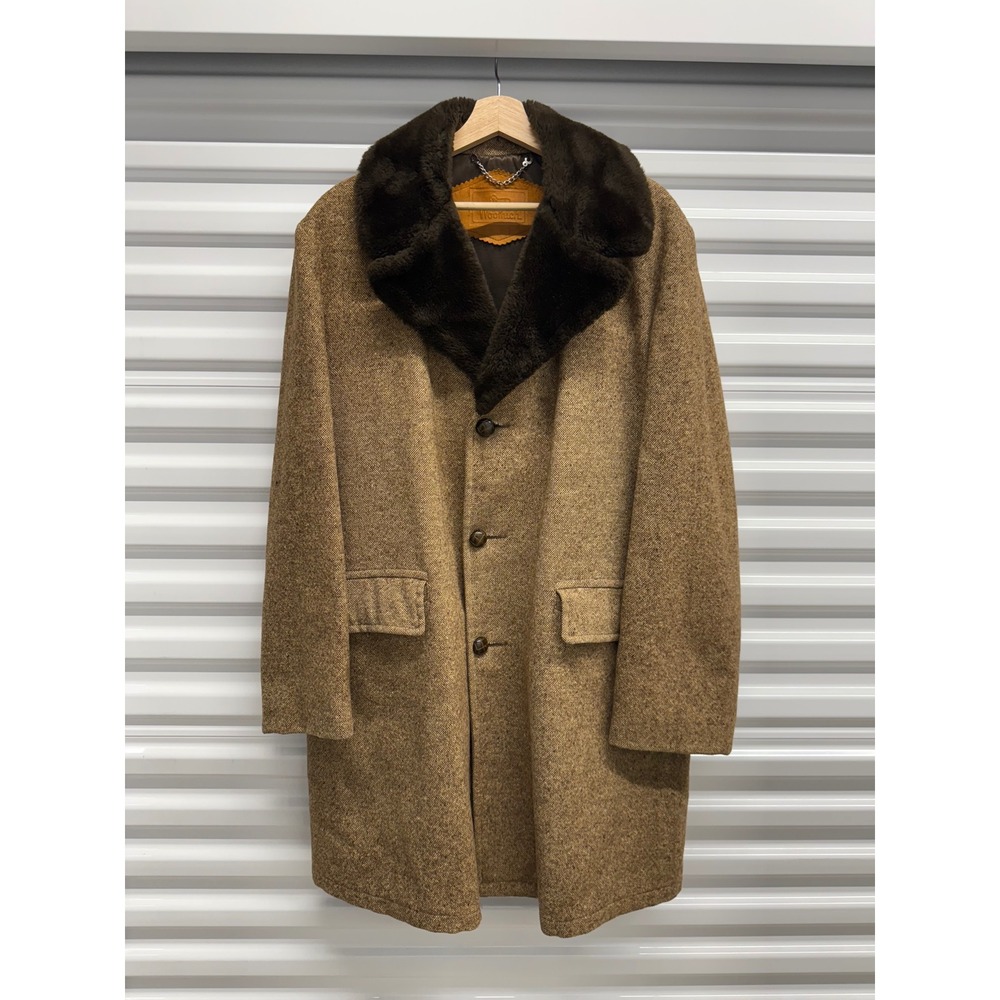Vintage 60's Woolrich Wool Car Coat Mens 44 Brown Tweed Fur Collar Jacket